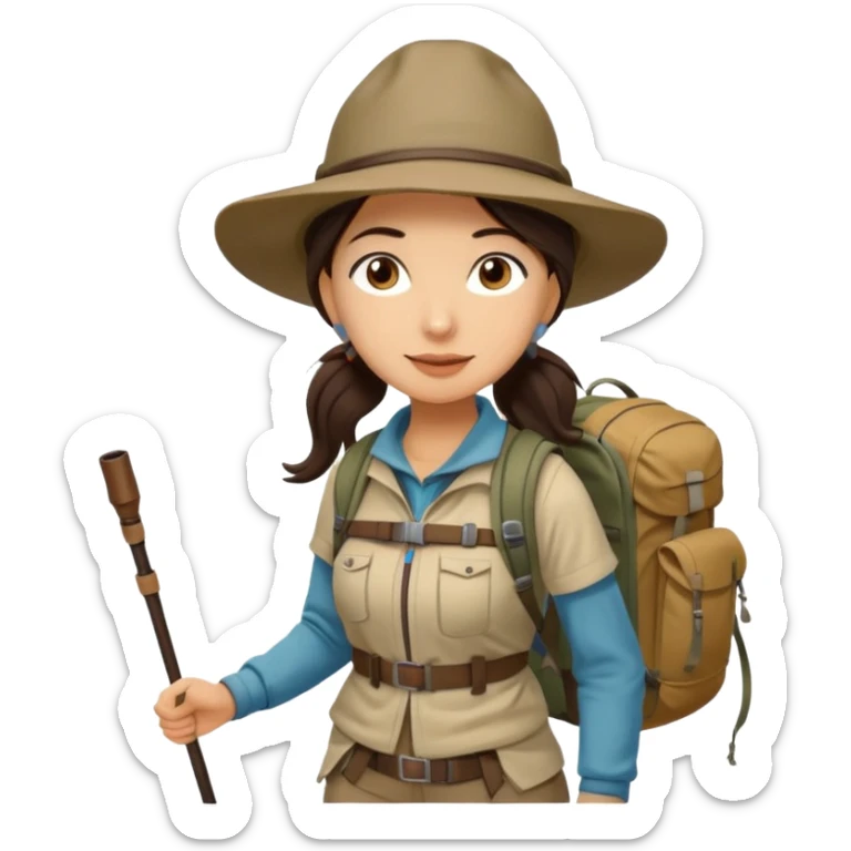 women, long dark brown hair in ponytail with wide brim hiking hat. Walking with backpack and trekking poles.  She is a pilgrim on the Camino Frances on her way to Santiago de Compostela sticker