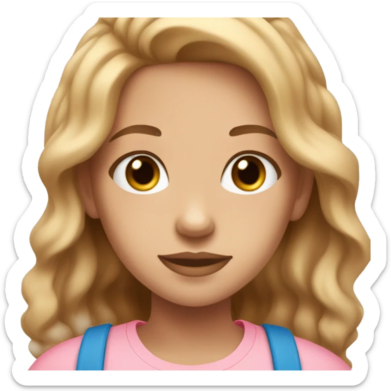 Make a light skin girl with blue eyes a light pink t shirt and light brown wavy hair sticker