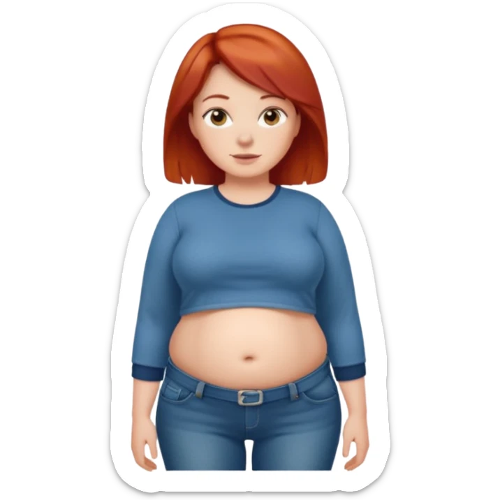 Lazy old Short woman with straight short red hair and fat tummy..wears jeams and full sleeve  tshirt sticker
