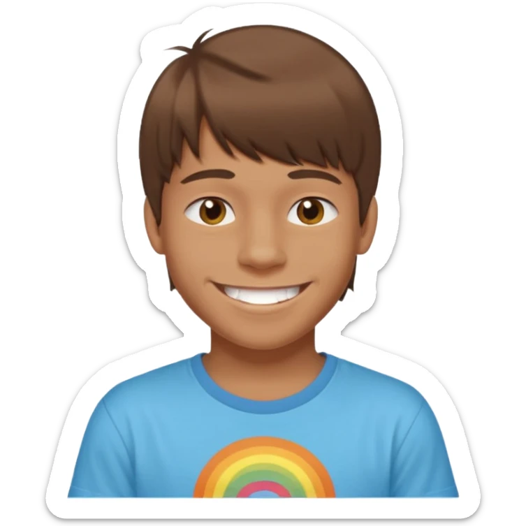 16 yr old boy, brown hair, straight, big smile, white teeth, tanned skin, bangs, hippie part sticker