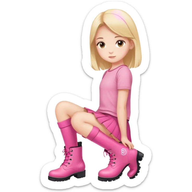  top and skirt with pink inscription “girl”  squatting in pink boots sticker