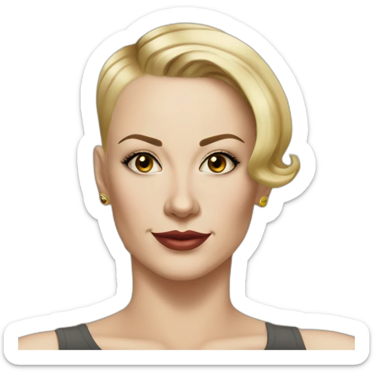 white woman in her forties hazel eyes shaved hair on one side blond short hair on other side upturned nose black tanker tattoo on the shoulders sticker