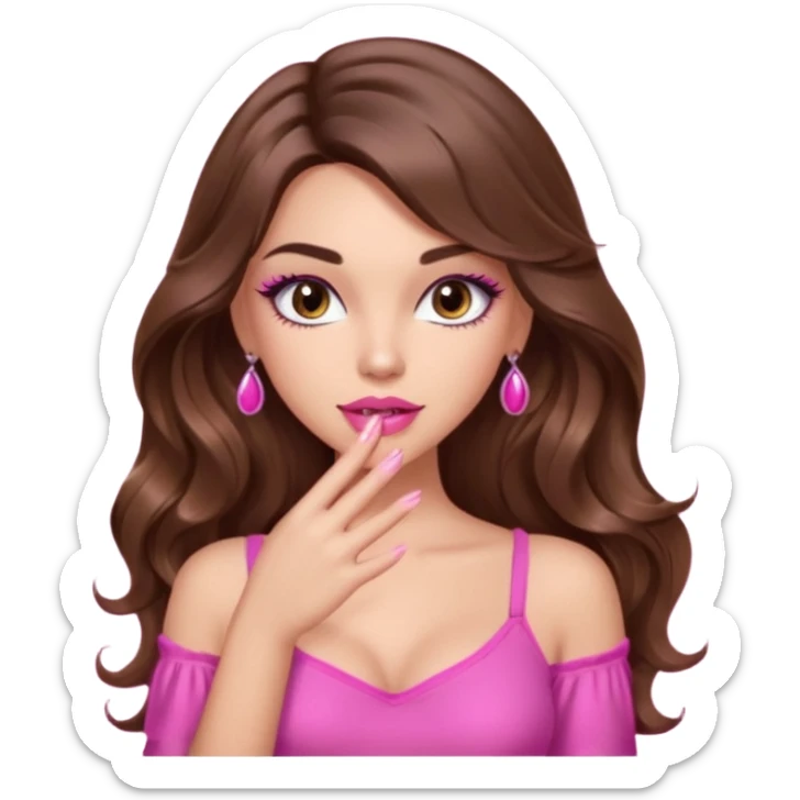 girl with long wavy brown hair, brown eyes, light to medium complexion, in a pink sexy top, pink lips, long lashes, puckered lips, showing my manicure one hand sticker