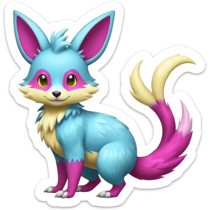 Shiny smooth silky soft Cyan-Yellowish-Magenta Minccino-Zeraora-Emolga-Vernid-Sergal-fusion-hybrid-animal-creature, full body sticker