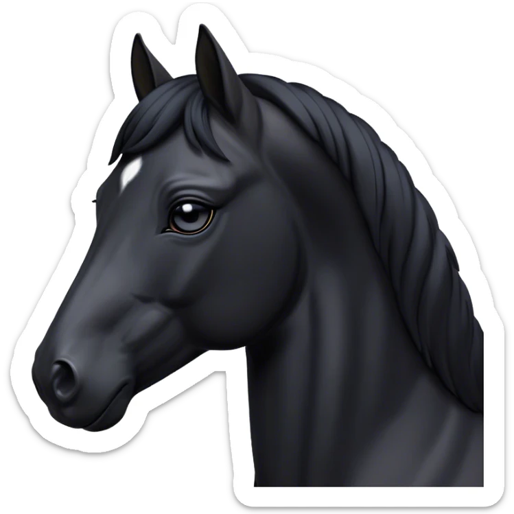 Cinematic Noble Black Horse Portrait Emoji, Poised and regal, with a strong, athletic build and a sleek, well-groomed jet-black fur, deep-set soulful dark eyes, Simplified yet sharp and sophisticated features, highly detailed, glowing with a soft, dignified glow, high shine, intelligent and commanding, stylized with an air of mysterious grace, focused and attentive, soft glowing outline, capturing the essence of a watchful and confident steed, so majestic it feels as though it could gallop out of the screen with effortless authority! sticker