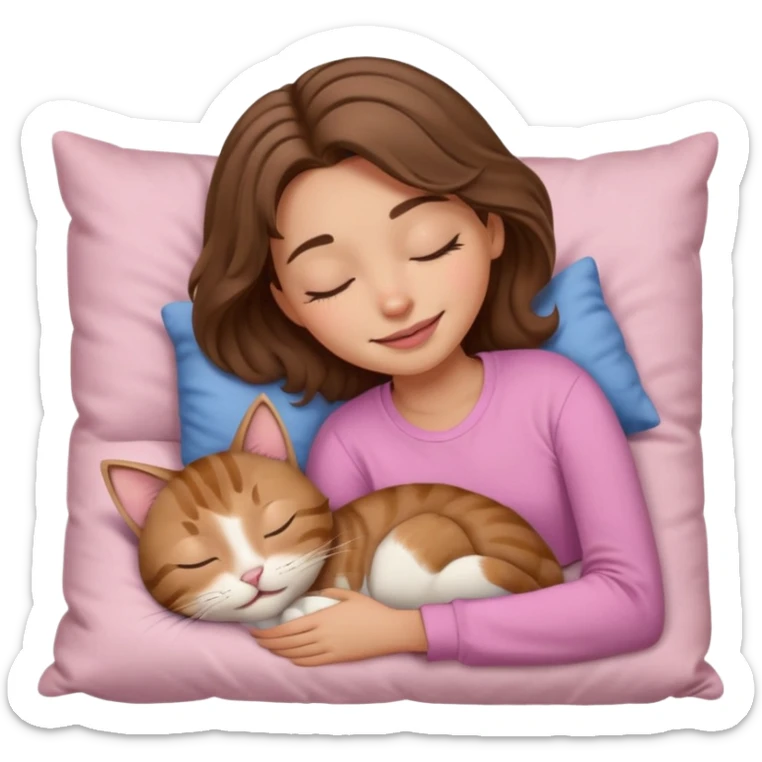 girl with wavy long brown hair, brown eyes, light to medium complexion, long lashes, light pink lipstick, smiling, wearing light pink shirt, sleeping on a cozy pillow, with brown tabby cat, sleeping sticker
