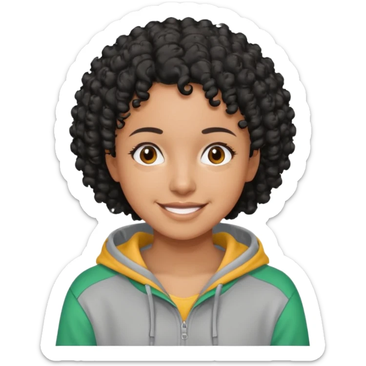 Make a Colombian with black short curly hair wearing a grey hoodie sticker