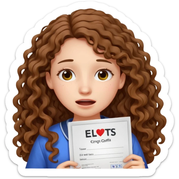 A girl with long curly brown hair crying shows an IELTS certificate with a score of 3.0  sticker