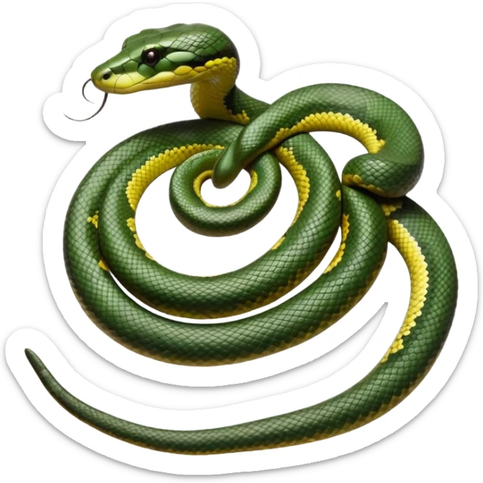 A photo-realistic top-down view of a Green Anaconda tightly coiled in a spiral, with its broad, flat head resting at the center. Its thick, muscular body is olive-green and covered in symmetrical, bold black oval spots that stand out against its smooth scales, creating striking natural camouflage. sticker