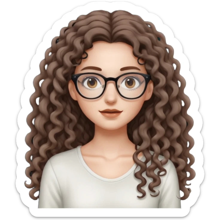 aesthetic white girl with cool colored brown, very long curly hair, she wears an offwhite top and wears thin square glasses and her eyes are black sticker