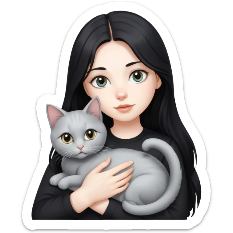 beautiful girl with long black hair wearing a black shirt holding a silver-colored cat sticker