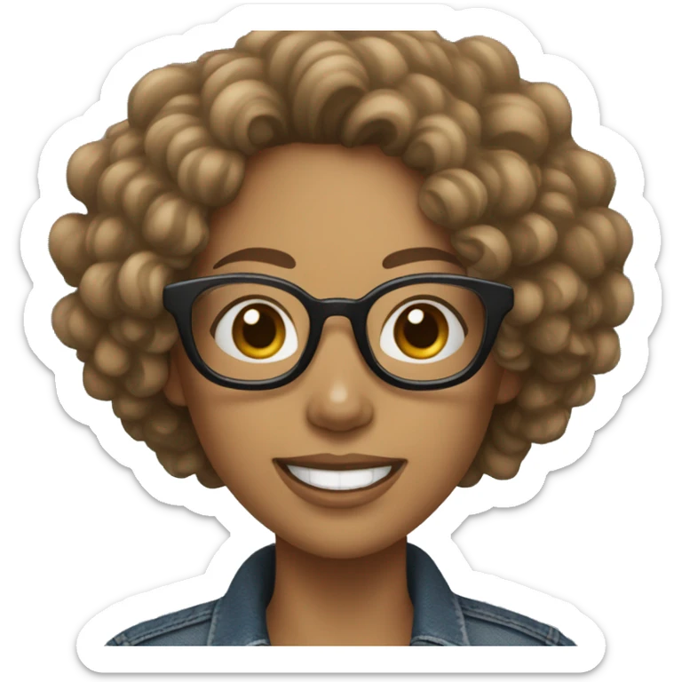 Woman with white skin, curly hair, big smile, wears glasses with black Pincher dog, with jeans and sneakers sticker