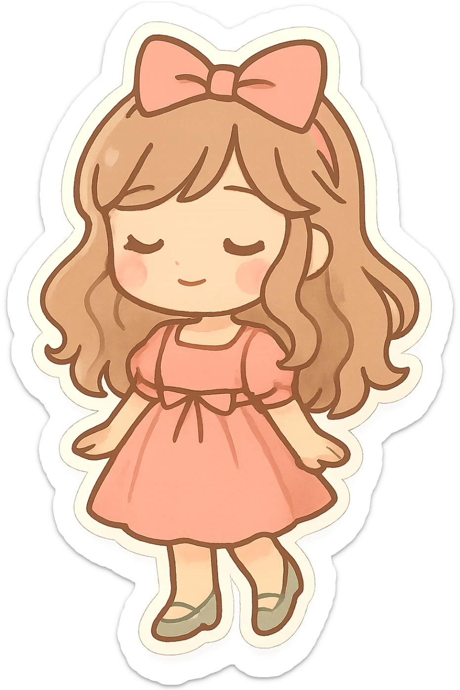 A cute and minimalist sticker of a girl with green shoes, elegant and girly mood, color palette includes pink, beige, and green. sticker