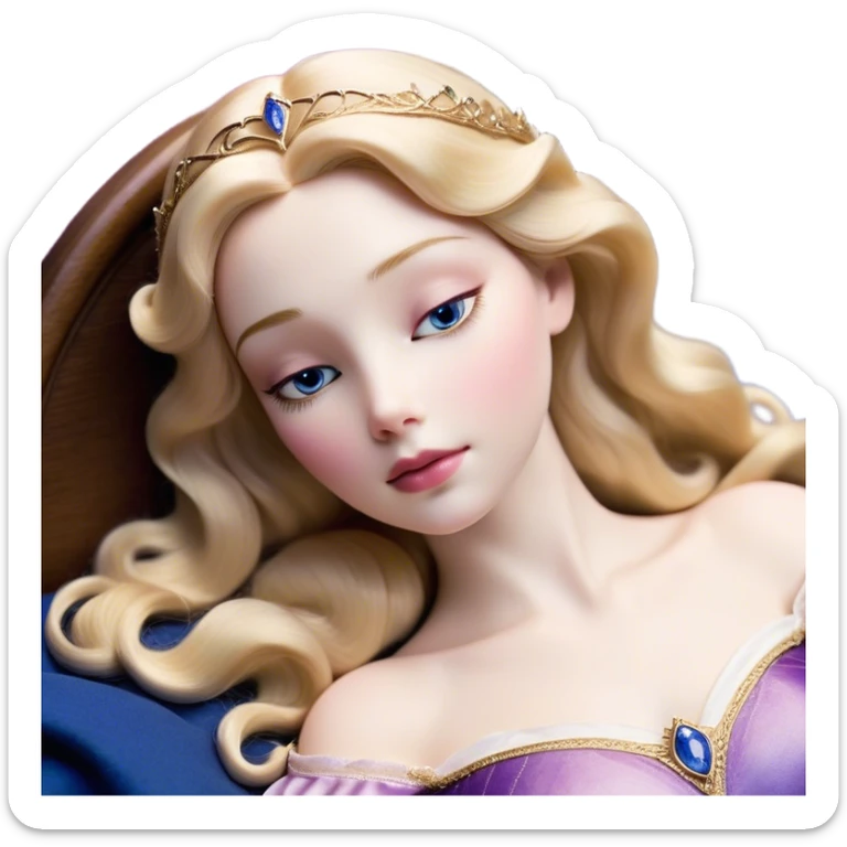 Cinematic Realistic Sleeping Beauty (Aurora) Portrait, with porcelain-like skin featuring a natural rosy flush, illuminated by soft lighting that highlights the gentle contours of her face. Her golden blonde hair flows in soft, detailed waves with subtle highlights that shimmer in the light. Her deep violet-blue eyes radiate warmth and innocence, framed by arched brows and long lashes. With a soft, serene smile, she holds a delicate rose gently in one hand, her other hand resting lightly by her side. She is dressed in her classic pink gown, the fabric rich in texture with delicate folds that catch the light. A golden crown rests atop her head, gleaming with royal refinement. The portrait captures a soft, glowing aura, blending realism with an ethereal sense of beauty and timeless enchantment. sticker