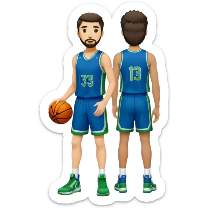 Full Body  white male basketball player with short dark shaggy hair and goatee beard wearing blue and green uniform sticker
