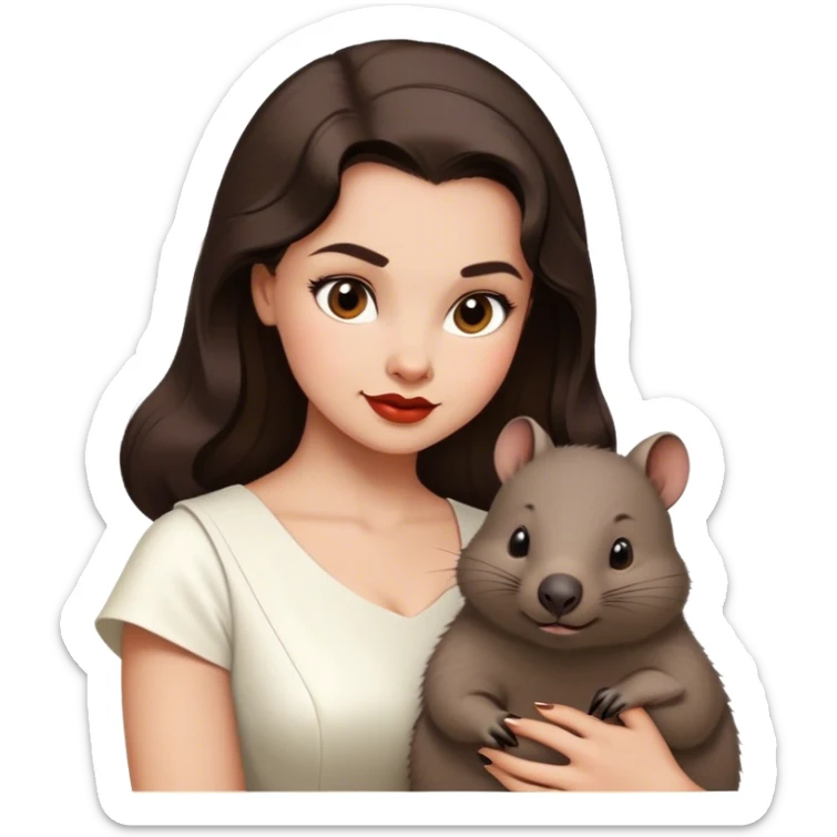 Beautiful woman in 1950’s woman fashion look, white dress, long dark brown hair, wombat sticker