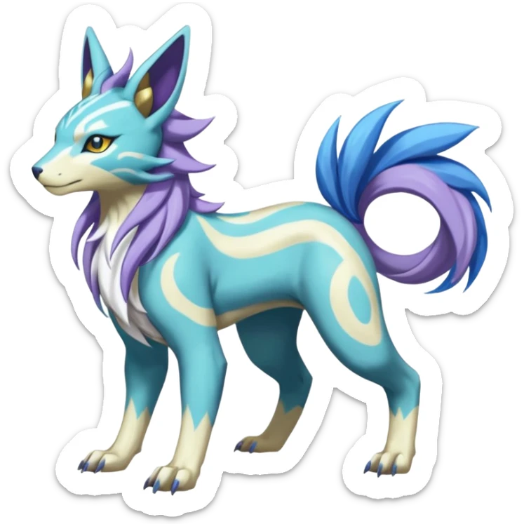 Colorful Skilled Adept Graceful Asian Painted WereGarurumon-Suicune-Linoone-Meloetta-Renamon-fusion-hybrid-creature (full body) sticker