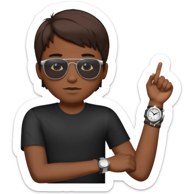 Un niño con pelo lacio color castaño,con lentes de sol negros y un reloj en la muñeca sticker