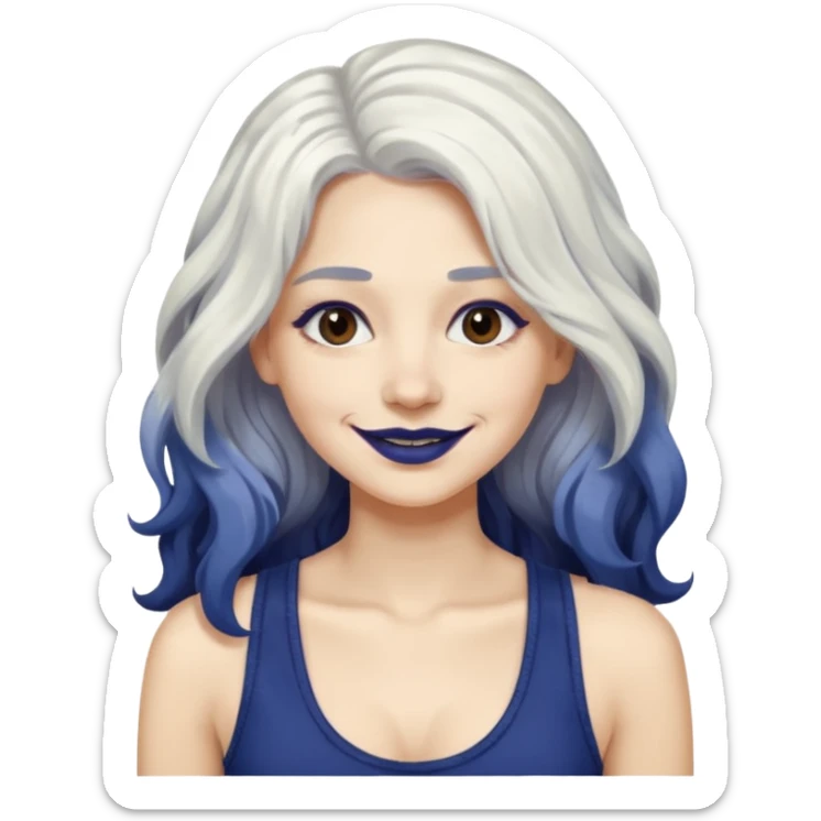 woman with wavy long white hair and brown eyes with dark blue lipstick smiling in a grunge tanktop sticker