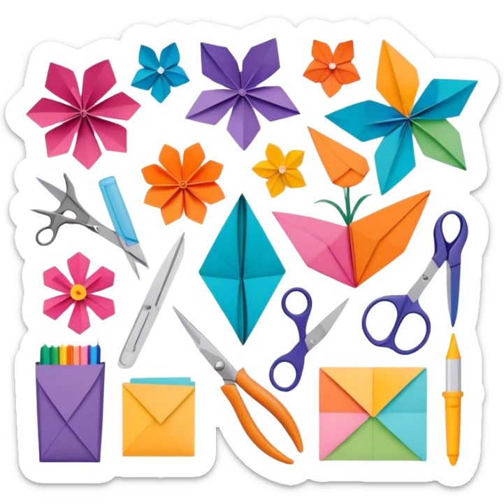 "Paper crafting icon, various paper crafts like origami, paper flowers, and scrapbooking materials, visible tools such as scissors, glue stick, and paper sheets, colorful paper patterns, minimalistic style, clean lines, transparent background." sticker