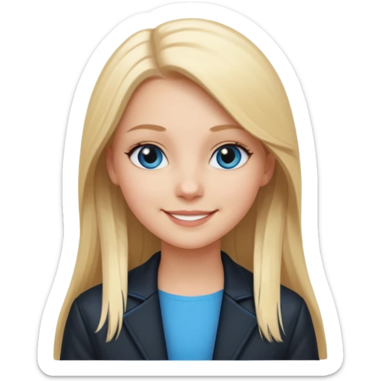 A white girl with long straight blonde hair, blue eyes and a white dress with a smiling black jacket sticker