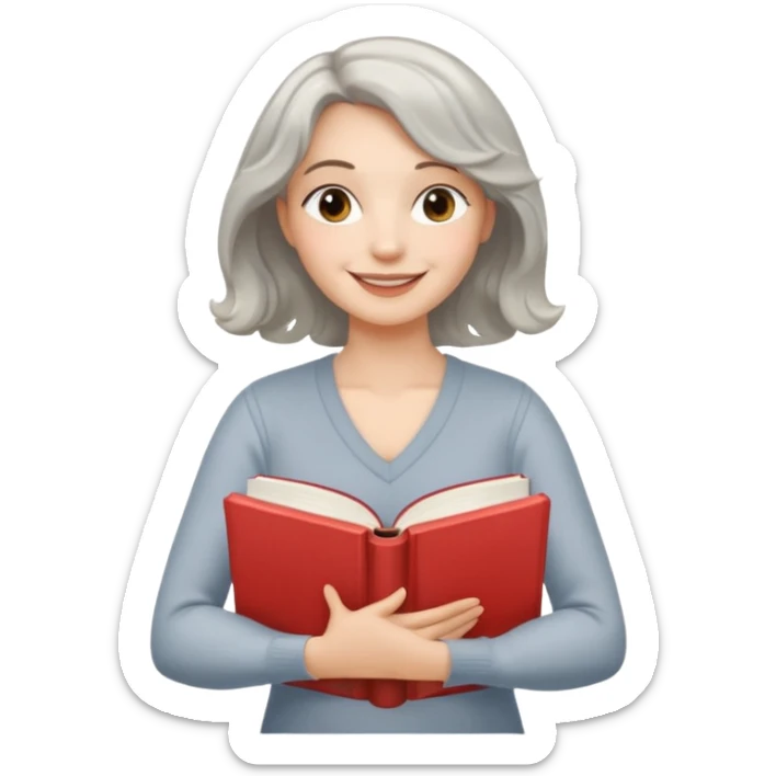 Silver hair, wavy/curly hair chin-length lady giving hug with 2 arms,  v-neck and smiling, add a favorite book sticker