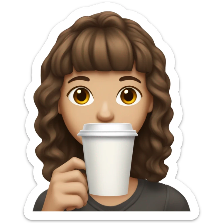 Girl with brown wavy hair, straight short bangs and white skin holding stabucks cup sticker
