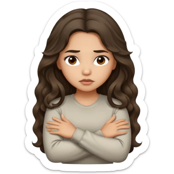 Hispanic light tan girl with long dark wavy hair with arms folded and pouting slightly. Wearing a long sleeve. sticker