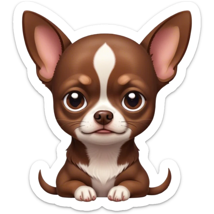 Cinematic Meme-Worthy Grumpy Chocolate Short Haired Chihuahua Portrait Emoji, Head held high but eyes filled with dramatic disappointment, smooth chocolate fur with a deep, rich tone, deeply furrowed brow forming an unmistakable scowl, floppy ears slightly angled back in disapproval, piercing dark eyes glaring with pure exasperation, Simplified yet hilariously over-exaggerated features, highly detailed, glowing with an aura of supreme annoyance, high shine, exhausted yet judgmental, stylized with an almost regal pettiness, bright but brooding, soft glowing outline, capturing the essence of a pup that has seen it all and is thoroughly unimpressed, so meme-worthy it feels like it could instantly become the next viral sensation of grumpiness! sticker