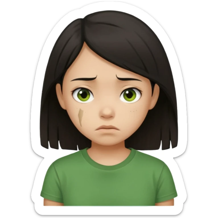 Young girl with straight, dark hair, damaged and unattractive, wearing a green T-shirt, with a sad and subdued expression. sticker