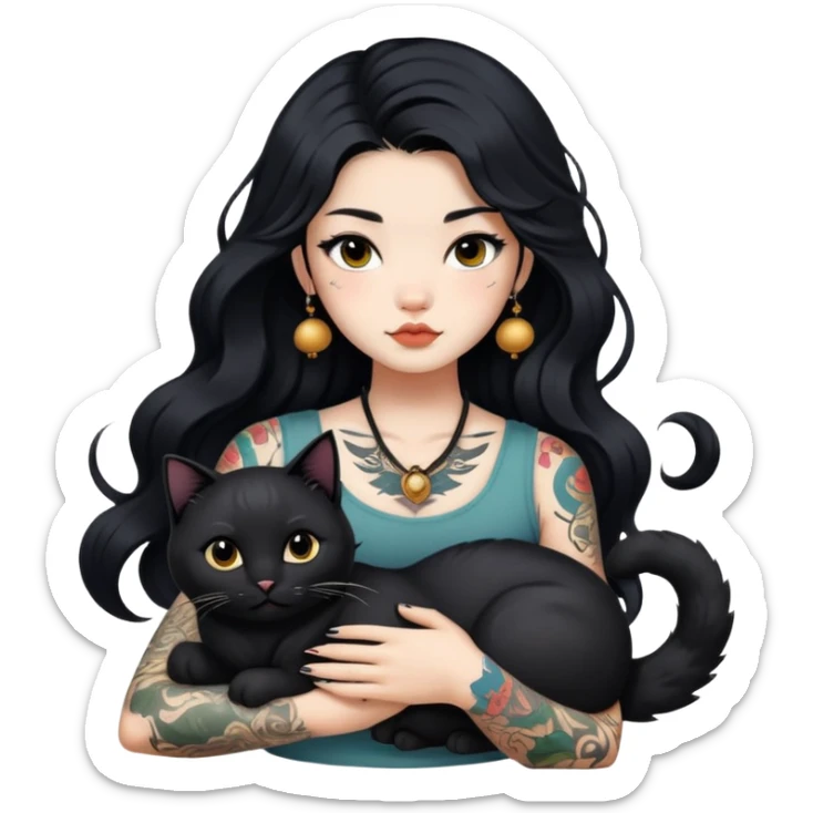 a Chinese girl with long black  Big Wave hair and tattoos and a black round faced cat  sticker