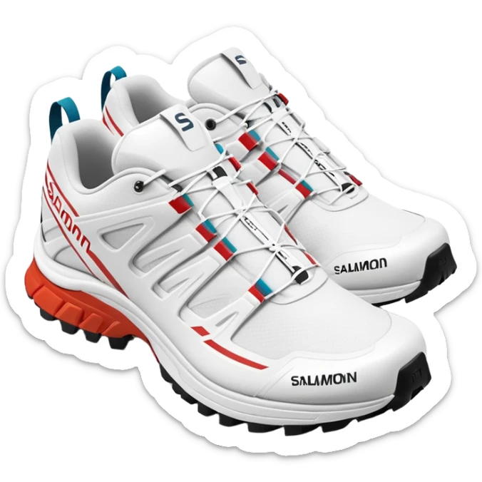 Clean white Salomon XT-6 sneakers with prominent colored Salomon logo stripe in the middle, one behind the other, iOS emoji style, white design with only the middle brand stripe in color sticker
