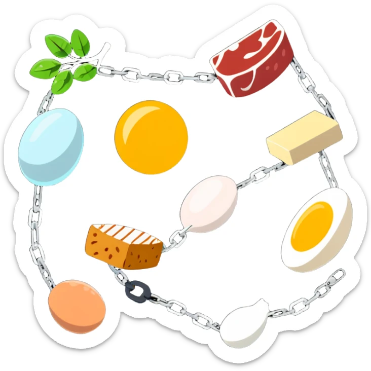 Close up of vibrant protein foods (meat, egg, beans, tofu, yogurt) connected in a chain or cluster, glowing and unified, floating together in a warm light. sticker