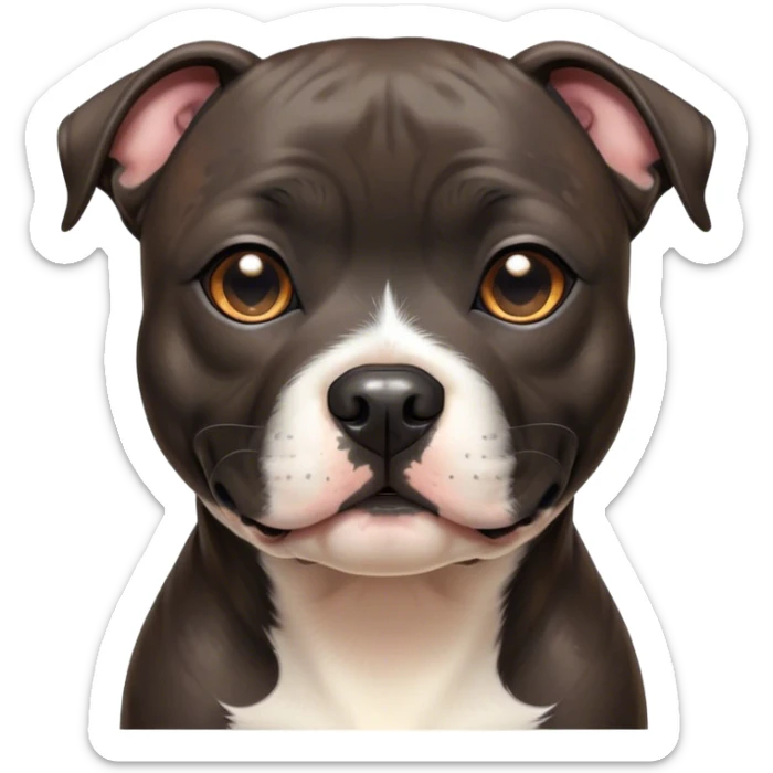 Cinematic Cute Black/Brindle Staffordshire Bull Terrier Portrait Emoji, Head tilted playfully and inquisitively, featuring a glossy Fur with a dynamic mix of black and brindle, round, sparkling dark eyes filled with curiosity, Simplified yet irresistibly adorable features, highly detailed, glowing with a warm, friendly glow, high shine, affectionate and spirited, stylized with a touch of whimsy, bright and endearing, soft glowing outline, capturing the essence of a mischievous yet loving pup, so playful it feels like it could bound out of the screen and into your arms! sticker