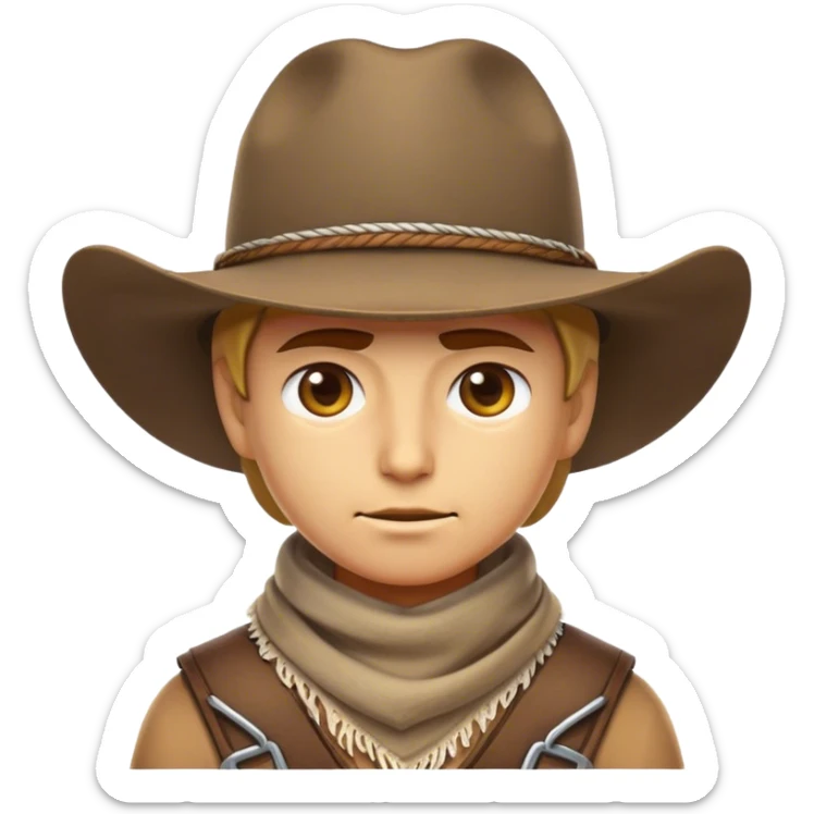 Clash of Clans aesthetic friendly Cowboy Portrait Emoji, With a rugged yet stylized build wearing a classic wide-brimmed hat and bandana, his face rendered in a natural skin tone (not yellow), determined eyes and a steely gaze, Simplified yet dynamic features, highly detailed, glowing with a warm, sunlit frontier radiance, high shine, brave and spirited, stylized with an air of Wild West heroism, focused and ready, soft glowing outline, capturing the essence of a fearless cowboy adventurer ready to ride into epic quests! sticker