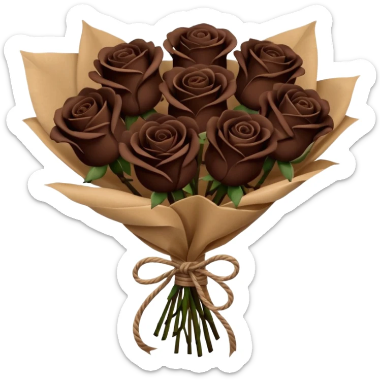 Bouquet of the darkest really dark brown roses in a paper package sticker