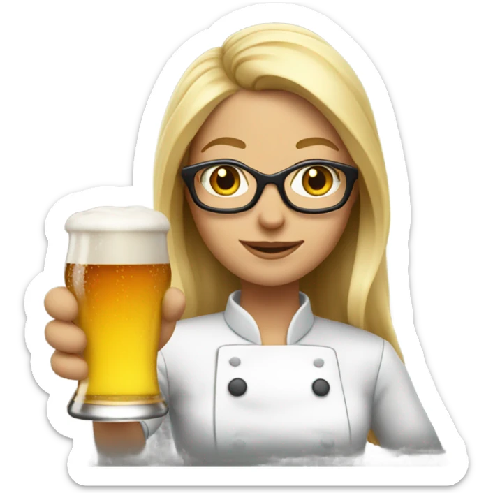 Female chef with long blonde hair and glasses. Holding beer and horses sticker