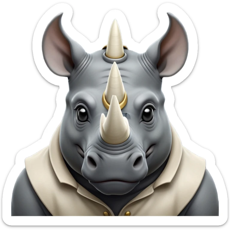 cinematic-noble--rhinoceros-portrait-emoji,slate-grey-hide--poised-and-regal,-with-a-massive,-powerful-build-and-a-thick, ivory horn, -deep-set-soulful-piercing-eyes,-simplified-yet-sharp-and-sophisticated-features,-highly-detailed,-large-black-eyes, zoomed out showing shoulders sticker
