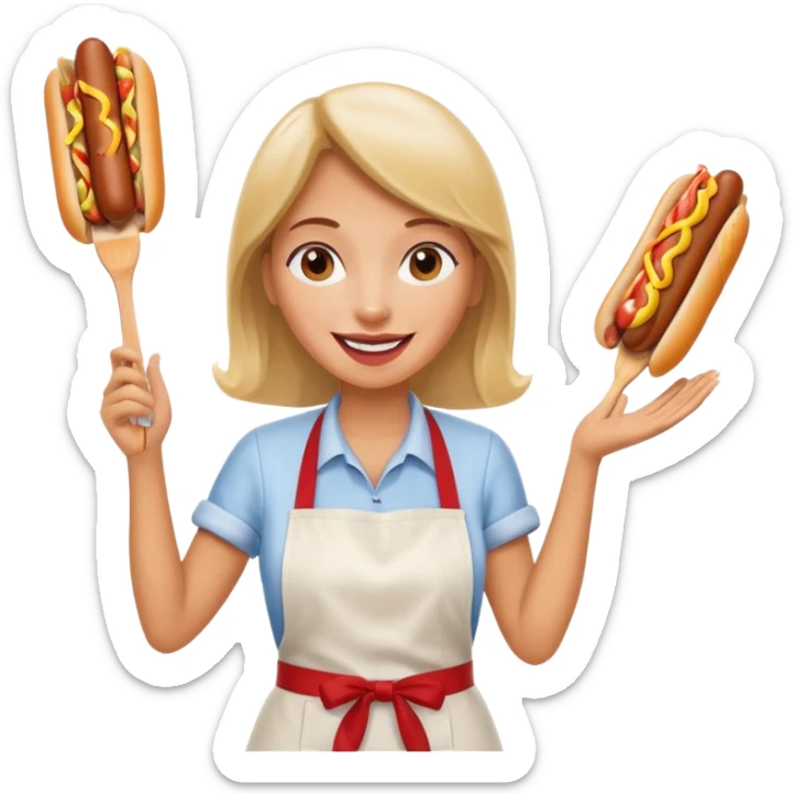 A cheerful woman selling hotdogs, waving a tongs in one hand. sticker