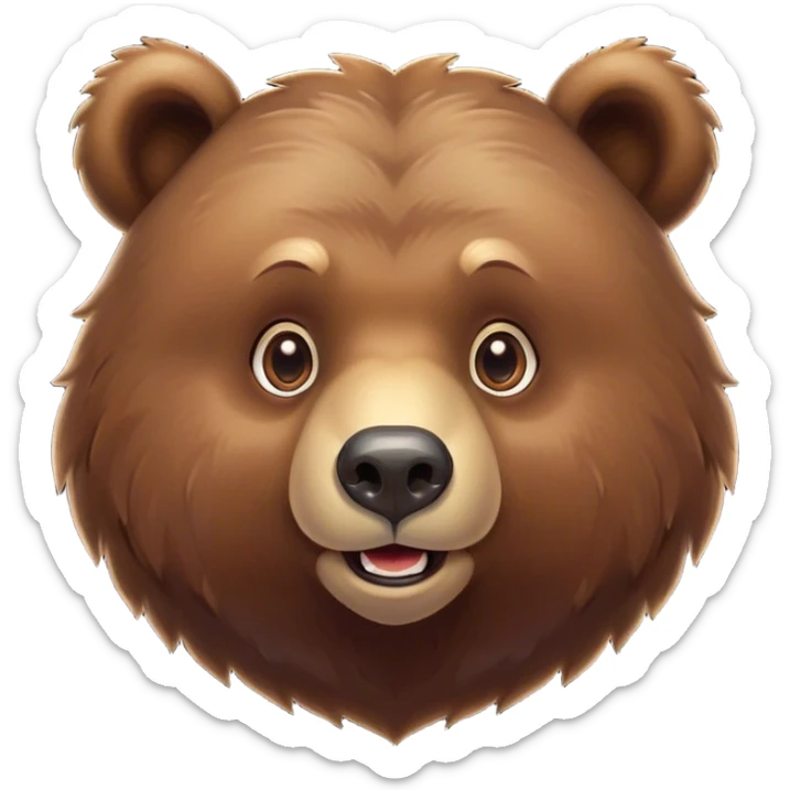 Cinematic Cute Grizzly Bear Portrait Emoji, Head tilted playfully and inquisitively, featuring a dense, rugged deep brown fur with a gentle, curious expression in round, sparkling eyes, Simplified yet irresistibly adorable features, highly detailed, glowing with a warm, friendly glow, high shine, affectionate and surprisingly gentle, stylized with a touch of wild whimsy, bright and endearing, soft glowing outline, capturing the essence of a mischievous yet loving bear, so playful it feels like it could amble out of the screen and into your arms! sticker