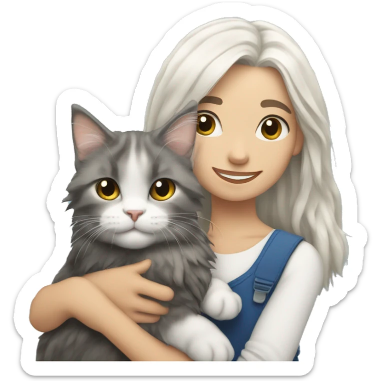 A girl with white hair holds a Maine coon cat in her arms sticker