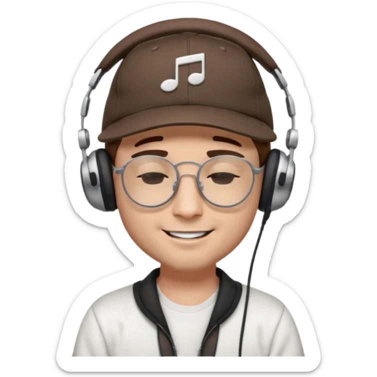 dj man white with baseball cap - rayban glasses - brown hair - closed eyes with headphones on with musical note over head (listening to music ) sticker