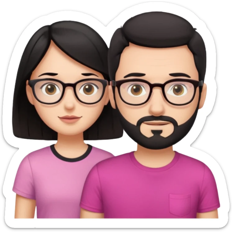 chico con gafas y barba corta moreno al lado una chica pelo negro piel blanca y camiseta rosa ojos marrones sticker