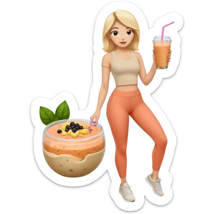 a young woman full length in a beige top and leggings and white sneakers with a passion fruit smoothie in one hand and a salmon poke bowl in the other hand sticker