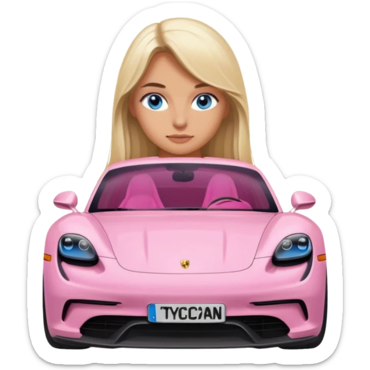 pink Porsche taycan with blonde girl, long hair, blue eyes, front view point of view, no sunglasses, sexy sticker