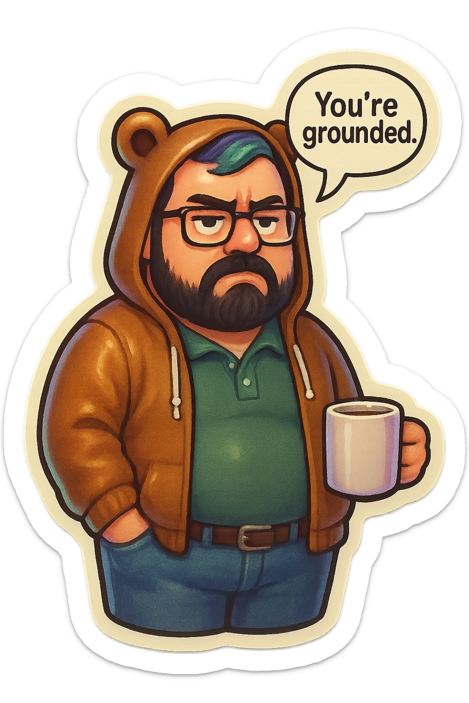 A realism art illustration art style of a plus-sizes man with purple to green ombre streak, black beard, blue eye, glasses, wearing a bear hoodie with ears,  dressed like a dad, holding a coffee mug, You’re grounded speech bubble, frowning  sticker