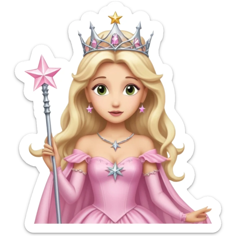glinda the good witch from wicked movie (ariana) blonde hair, beautiful, big silver thin tiara, star wand, pink gown sticker