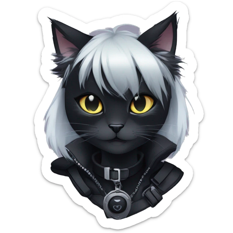 Gorgeous furry dark techwear anime style anthro black cat furry sona Fakémon aesthetic and pretty edgy black with collar and harness trending style sticker