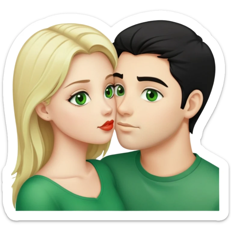 A blonde girl with fair skin and green eyes and a guy with fair skin and black hair and green eyes are kissing sticker