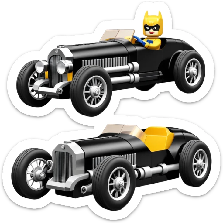 Batgirl’s Lego black Bare bones chopped streamlined sporty roadster (stripped down) hot street rodded engine sports car 1932 Rolls Royce Woody futuristic electric spaceship motors and lightning dynamos with wide racing wheels that are held strong by advanced suspension and steering sticker